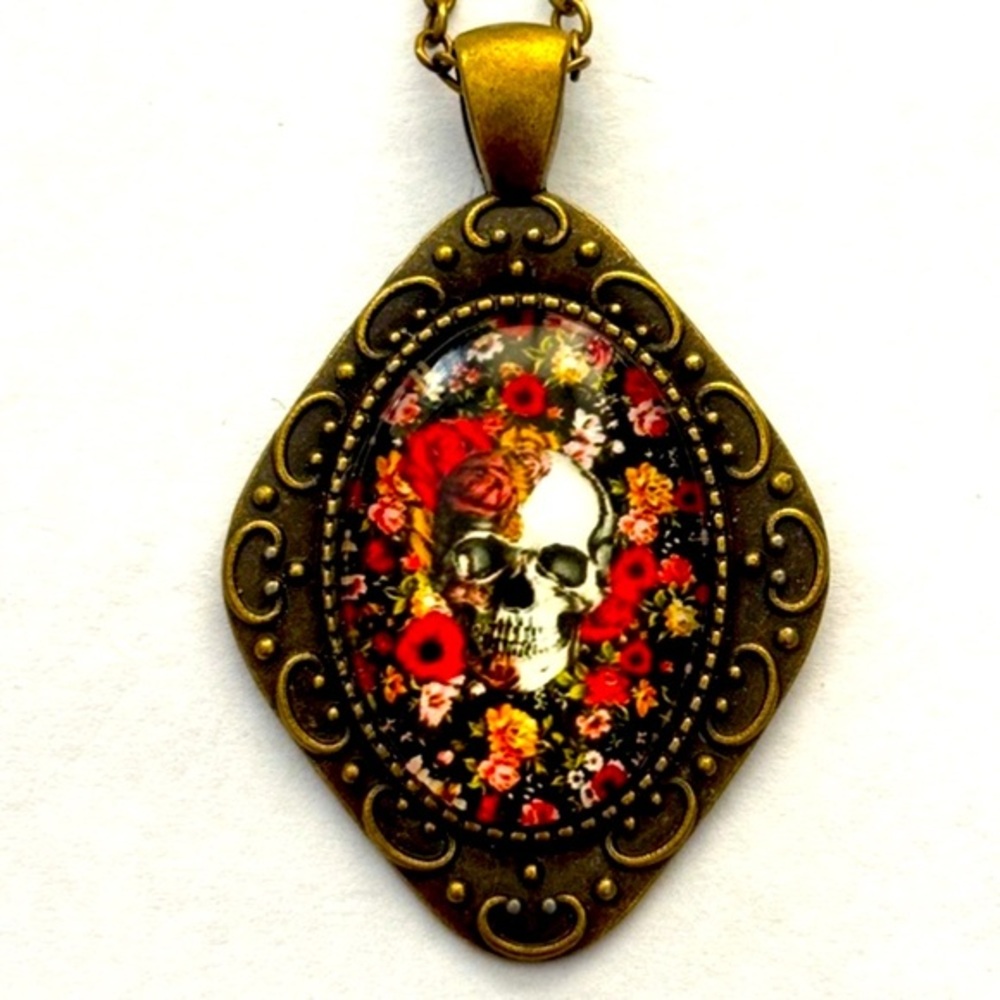 Skull and Flowers Victorian Style Necklace, NWT, Handmade